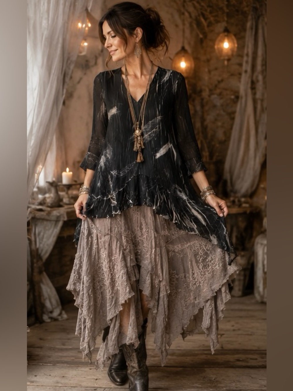 Komarov Feather Crinkle Mesh Whimsical Fairy TunicTop Asymmetrical Lagenlook NWT